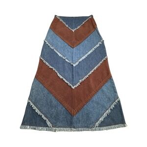 The Blues Maxi Skirt Women 12 Blue Brown Patchwork Chevron Corduroy Denim Frayed